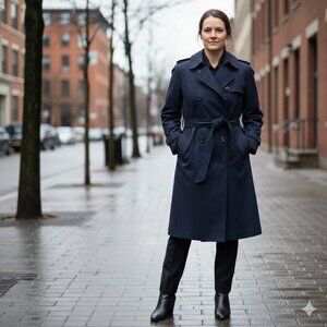 Women's Size 16P Petite Navy Blue Double Breasted Trench Coat Belted Classic